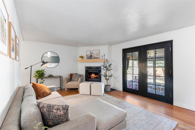 living room with french doors and wood-type flooring