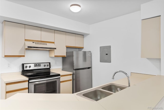 20 S Boulder Cir Unit 2109, Boulder, CO 80303 - kitchen with under cabinet range hood, appliances with stainless steel finishes, electric panel, a sink, and light countertops