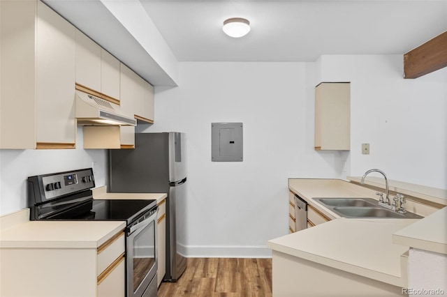 20 S Boulder Cir Unit 2109, Boulder, CO 80303 - kitchen featuring appliances with stainless steel finishes, a sink, under cabinet range hood, electric panel, and a peninsula