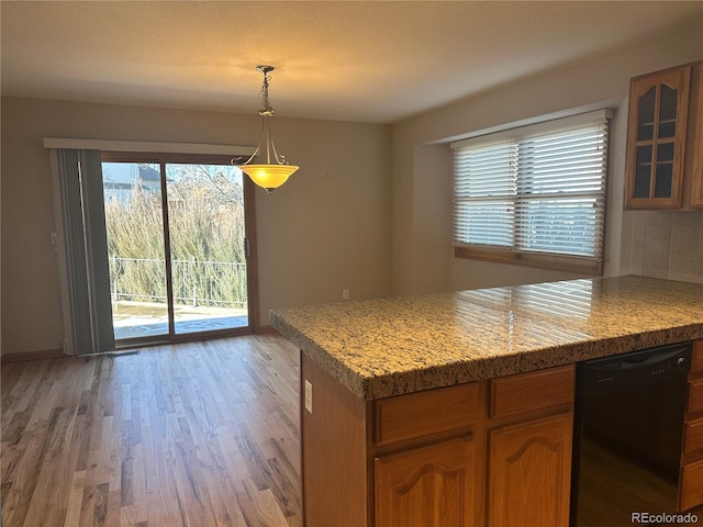 kitchen with decorative light fixtures, dishwasher, and light hardwood / wood-style floors