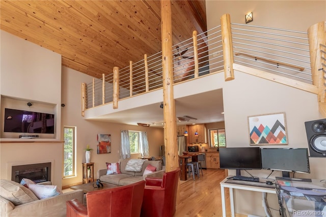 344 Puma Pl, Fairplay, CO 80440 - living area with high vaulted ceiling, wood finished floors, and a glass covered fireplace