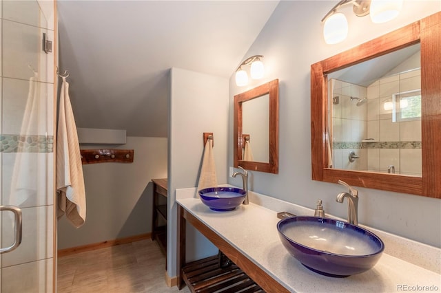 344 Puma Pl, Fairplay, CO 80440 - full bath featuring vaulted ceiling, a stall shower, and double vanity