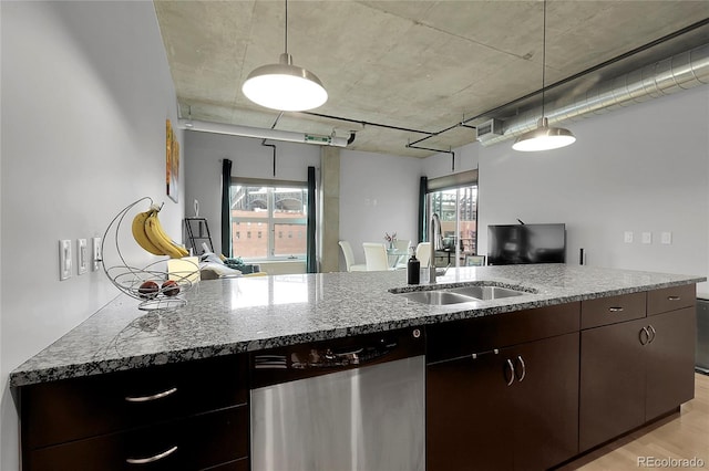 2229 Blake St Unit 505, Denver, CO 80205 - kitchen featuring a sink, stainless steel dishwasher, pendant lighting, dark brown cabinets, and light wood-style flooring
