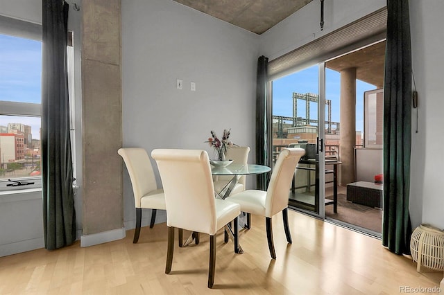 2229 Blake St Unit 505, Denver, CO 80205 - dining space with wood finished floors and a view of city
