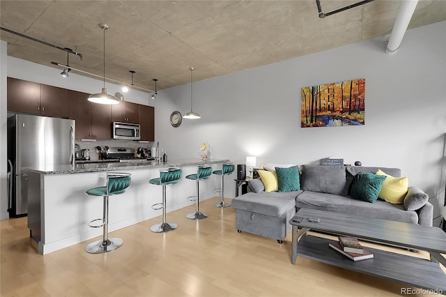 2229 Blake St Unit 505, Denver, CO 80205 - living room with light wood finished floors and rail lighting
