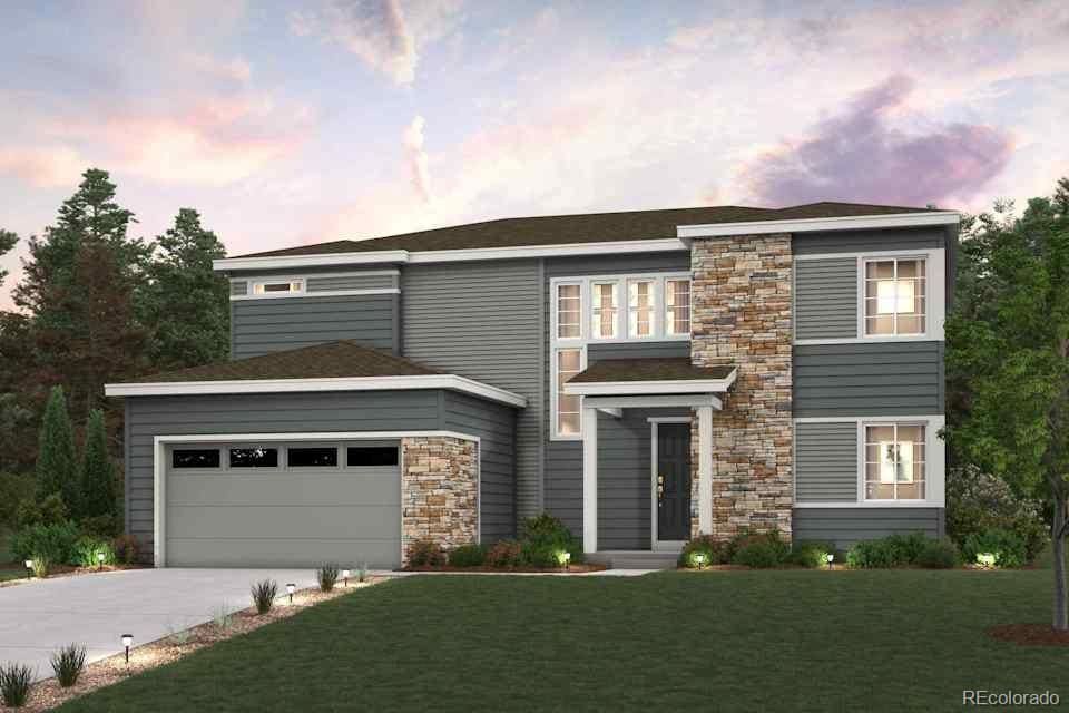 2489 Lupton Ln, Lafayette, CO 80026 - view of front of property with concrete driveway, stone siding, an attached garage, and a front lawn
