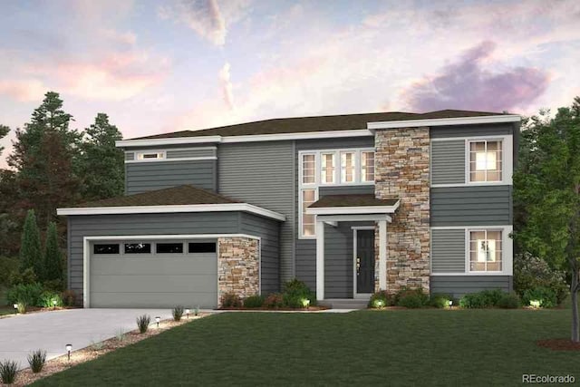 2489 Lupton Ln, Lafayette, CO 80026 - view of front of property with concrete driveway, stone siding, an attached garage, and a front lawn