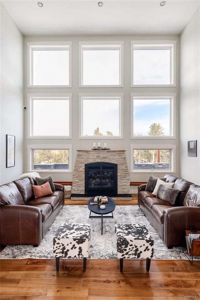 living room with hardwood / wood-style flooring, a fireplace, and a high ceiling