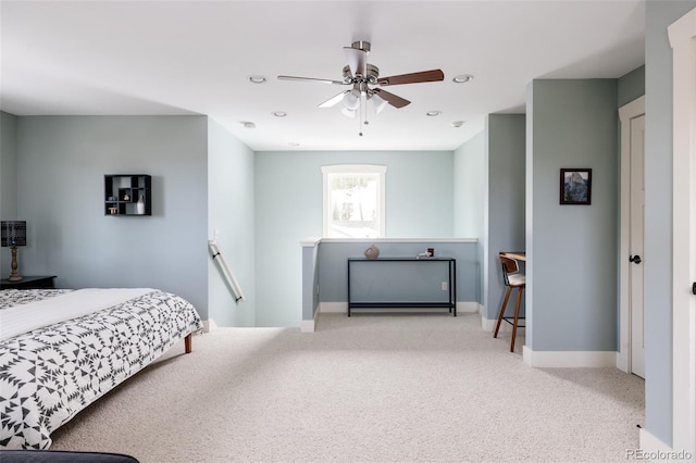 carpeted bedroom featuring ceiling fan