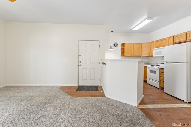 10784 W 63rd Pl Unit 205, Arvada, CO 80004 - kitchen featuring white appliances, open shelves, light countertops, and carpet