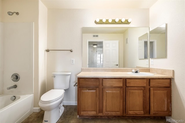 full bathroom with tile patterned flooring, shower / bathing tub combination, vanity, and toilet