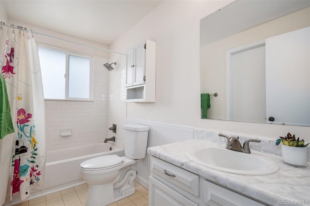 full bathroom featuring tile patterned floors, vanity, shower / bathtub combination with curtain, and toilet