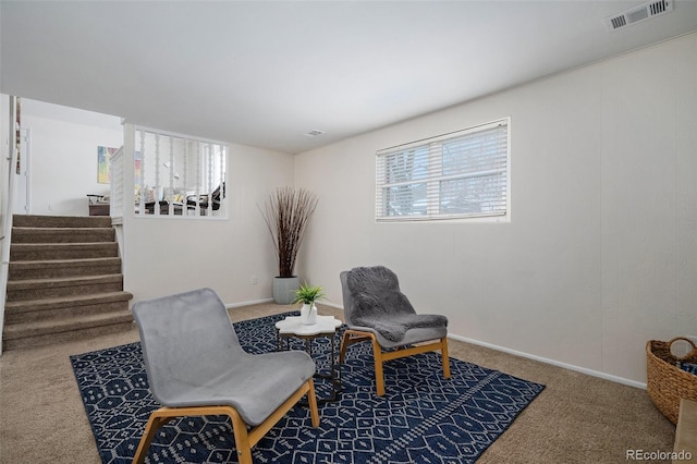 living area featuring carpet flooring