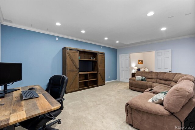 9530 Gray St, Westminster, CO 80031 - home office featuring crown molding, recessed lighting, and light carpet
