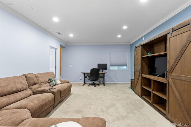 9530 Gray St, Westminster, CO 80031 - living area featuring a barn door, recessed lighting, an office area, light carpet, and ornamental molding
