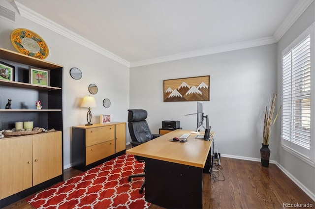 office space with visible vents, baseboards, dark wood-style floors, and crown molding