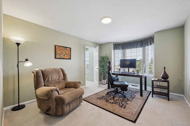 home office featuring carpet flooring and baseboards