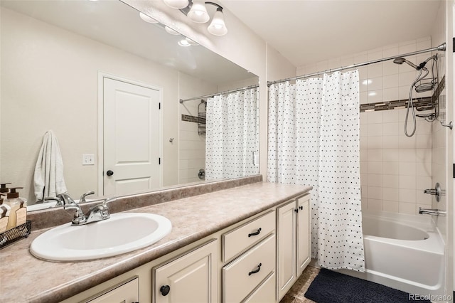 bathroom featuring vanity and shower / bath combo with shower curtain