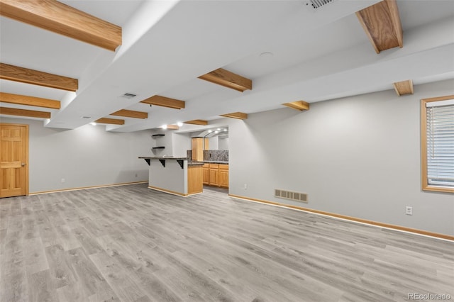 unfurnished living room with beam ceiling and light hardwood / wood-style flooring