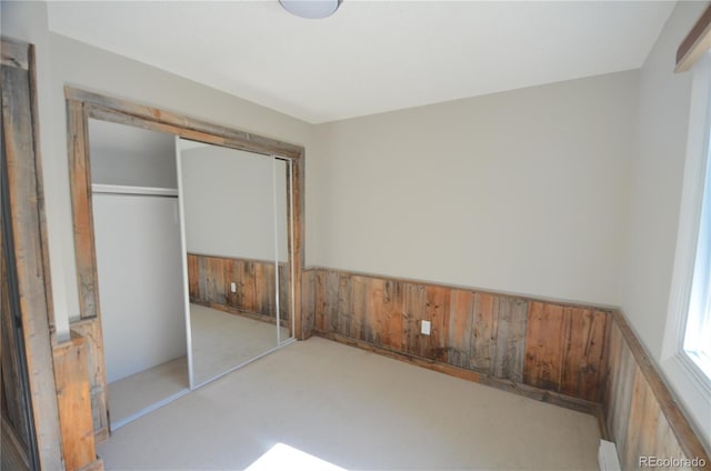 107 Peaks View Ct Unit 324, Blue River, CO 80424 - unfurnished bedroom with wood walls, a wainscoted wall, carpet floors, and a closet
