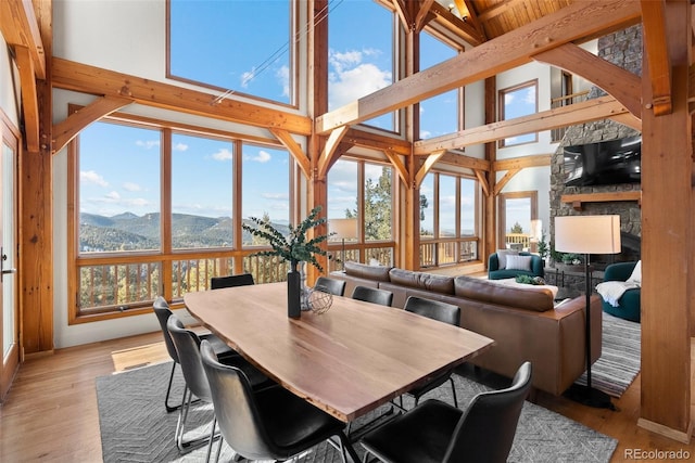 dining area featuring a mountain view, a stone fireplace, and light wood-type flooring