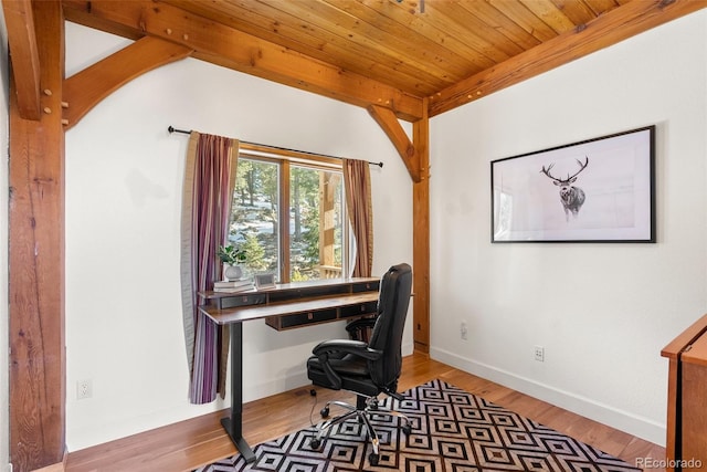 home office featuring hardwood / wood-style flooring and wooden ceiling