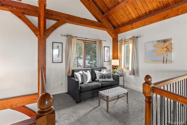 living room with lofted ceiling with beams, carpet, and wooden ceiling