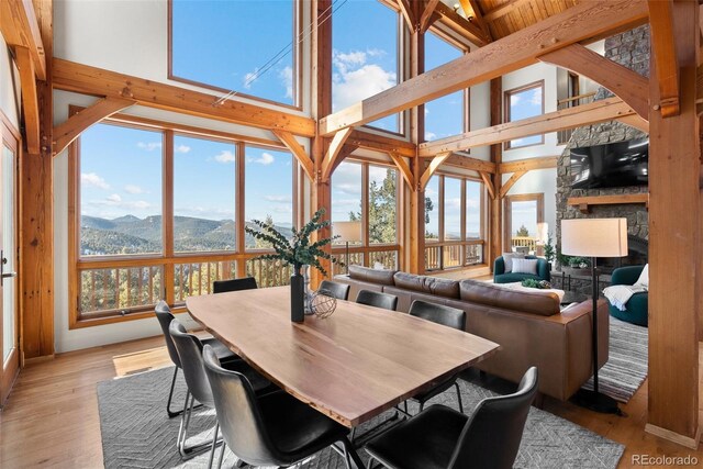 13326 Kuehster Rd, Littleton, CO 80127 - dining space with a mountain view, light wood finished floors, a towering ceiling, and a fireplace