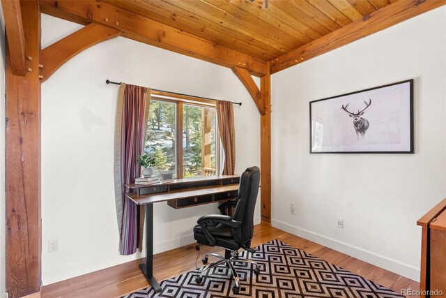 13326 Kuehster Rd, Littleton, CO 80127 - office area with wooden ceiling, wood finished floors, and baseboards
