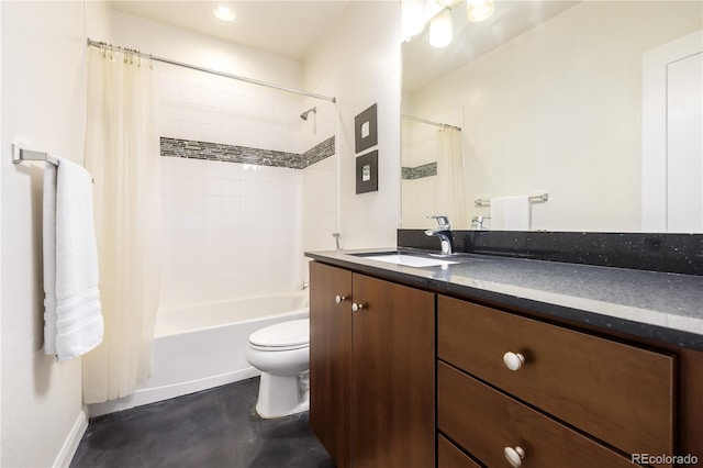 full bathroom featuring vanity, toilet, and shower / tub combo with curtain