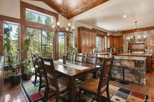 dining room featuring a chandelier, vaulted ceiling, wood ceiling, and dark hardwood / wood-style flooring