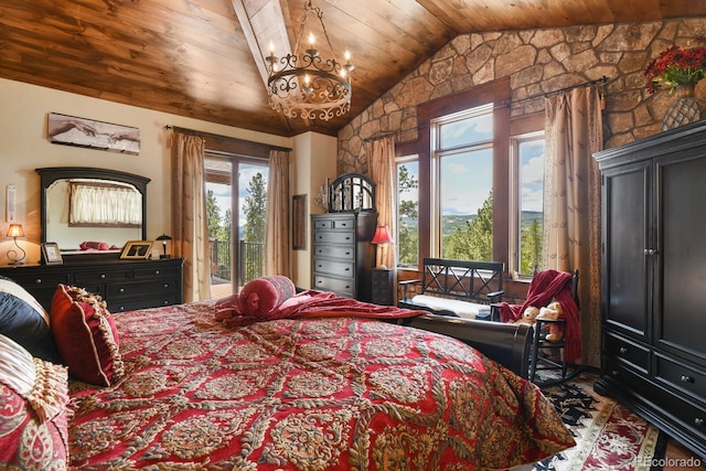 bedroom with wooden ceiling, multiple windows, a chandelier, and access to exterior