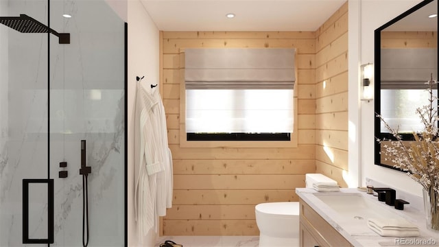 32778 Janelle Ln, Golden, CO 80403 - full bathroom featuring toilet, wood walls, vanity, and a marble finish shower