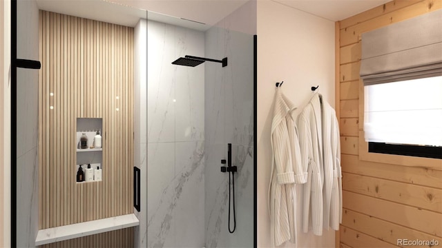 32778 Janelle Ln, Golden, CO 80403 - full bathroom with a marble finish shower and wood walls