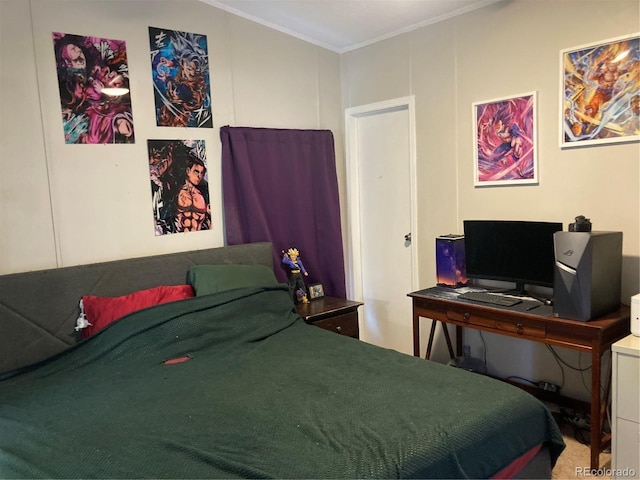 carpeted bedroom featuring ornamental molding