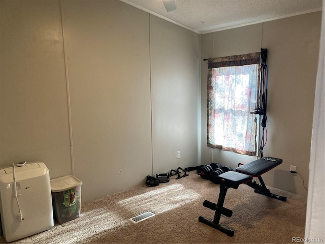 workout room with carpet floors, a textured ceiling, and ornamental molding