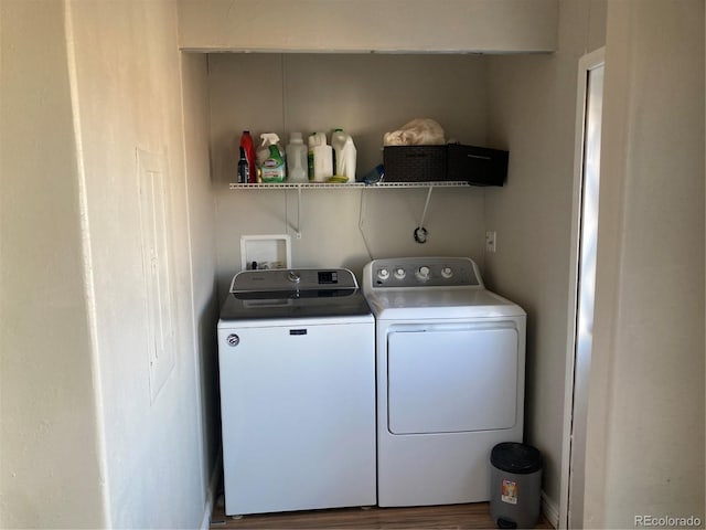 1103 Stage Dr, Fort Lupton, CO 80621 - washroom with washer and dryer and wood finished floors