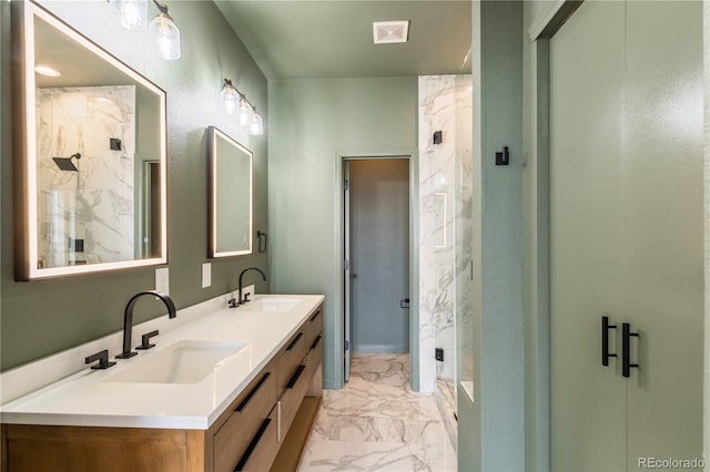 2680 Blake St Unit 4, Denver, CO 80205 - bathroom with marble finish floors, a marble finish shower, and double vanity