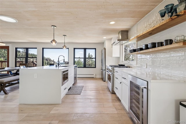 8940 S Brandenburger Dr, Morrison, CO 80465 - kitchen with wall chimney exhaust hood, beverage cooler, appliances with stainless steel finishes, open shelves, and wooden ceiling