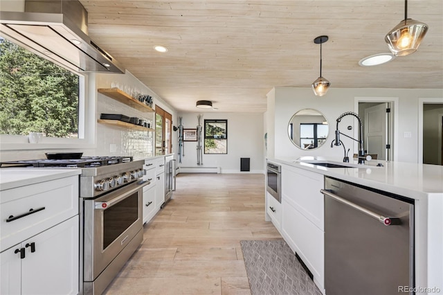 8940 S Brandenburger Dr, Morrison, CO 80465 - kitchen with stainless steel appliances, wall chimney exhaust hood, wooden ceiling, light countertops, and white cabinets
