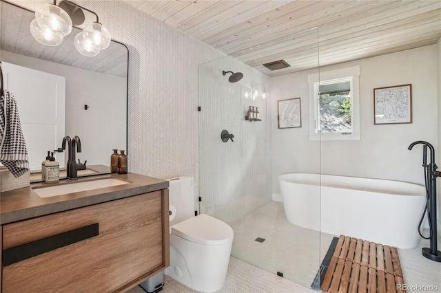 8940 S Brandenburger Dr, Morrison, CO 80465 - bathroom featuring vanity, a soaking tub, wood ceiling, and a walk in shower