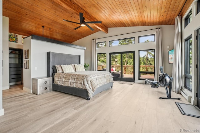 8940 S Brandenburger Dr, Morrison, CO 80465 - bedroom featuring access to exterior, wood ceiling, and light wood-style flooring