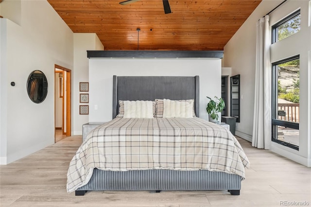 8940 S Brandenburger Dr, Morrison, CO 80465 - bedroom with access to exterior, high vaulted ceiling, wood ceiling, and wood finished floors