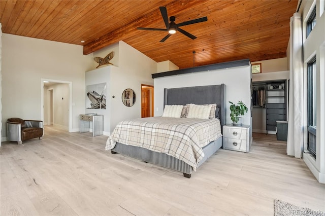 8940 S Brandenburger Dr, Morrison, CO 80465 - bedroom featuring a wooden ceiling with exposed beams, wood finished floors, a closet, high vaulted ceiling, and a ceiling fan