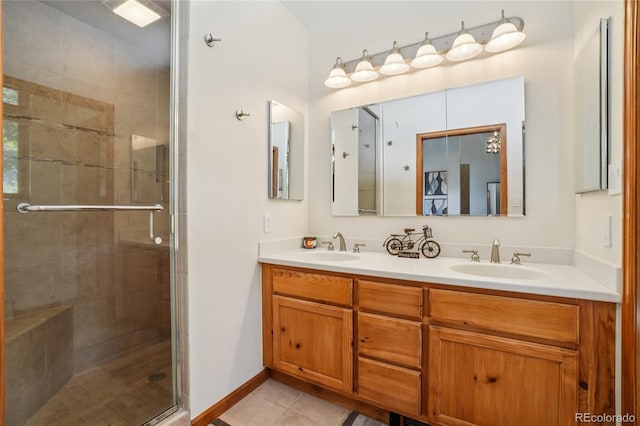 8940 S Brandenburger Dr, Morrison, CO 80465 - full bathroom featuring a shower stall, double vanity, and tile patterned floors
