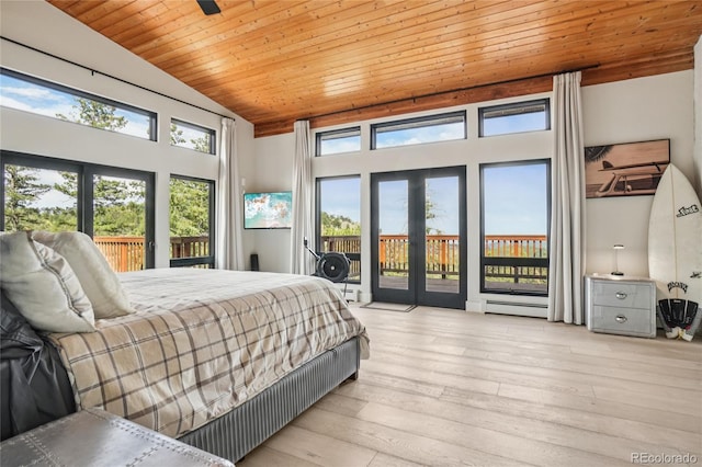 8940 S Brandenburger Dr, Morrison, CO 80465 - bedroom with access to exterior, wood ceiling, hardwood / wood-style flooring, and lofted ceiling