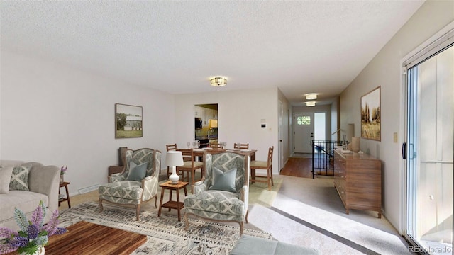 carpeted living room with a textured ceiling