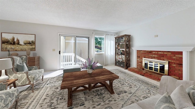 carpeted living room with a textured ceiling and a fireplace