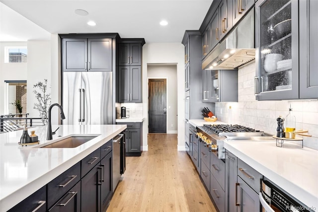 6589 Canyonpoint Rd, Castle Pines, CO 80108 - kitchen featuring under cabinet range hood, light countertops, a sink, tasteful backsplash, and appliances with stainless steel finishes