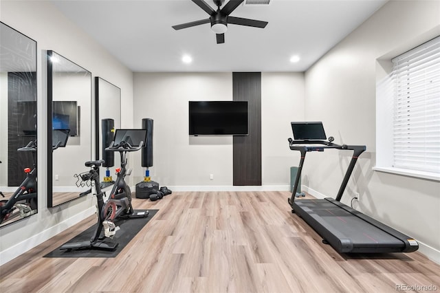 6589 Canyonpoint Rd, Castle Pines, CO 80108 - workout room with baseboards, a ceiling fan, wood finished floors, and recessed lighting